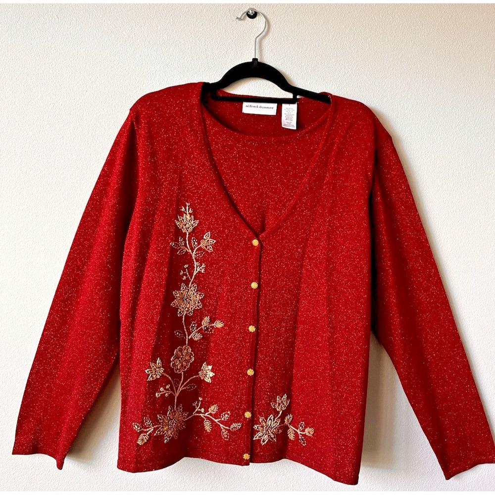 Alfred Dunner Cardigan Sweater Red Embellished Gold Floral Beading Sz Large C26